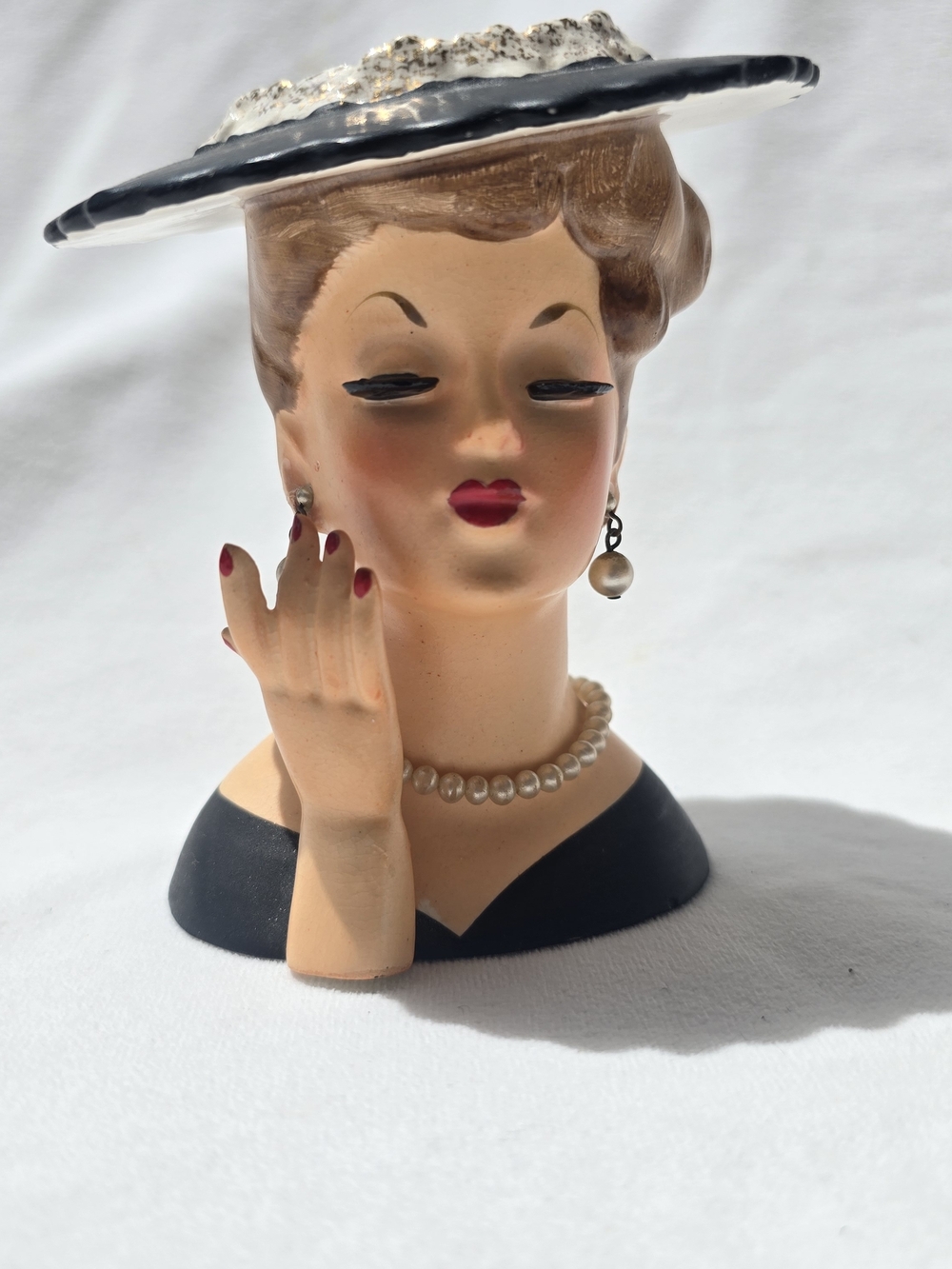 Napco 1958 Lady Head Vase Black Dress And Hat Pearl Earrings/Necklace Sticker